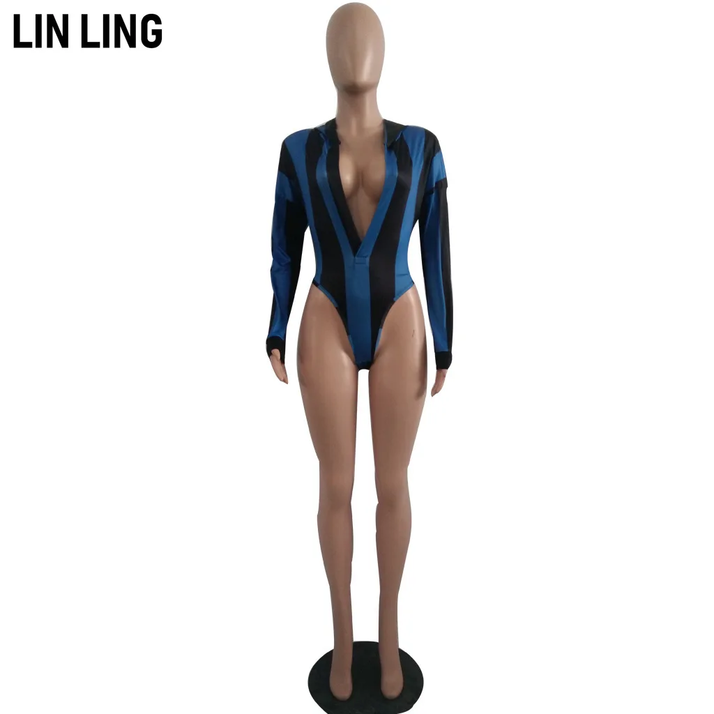 

LINLING 2021 New Women's Sexy Fashion Long Sleeve Hoodie Striped Jumpsuit