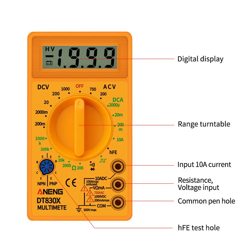 DT830 Цифровой мультиметр Вольтметр Амперметр Омметр DC10V ~ 1000V 10A AC 750 В Ток Тесты er