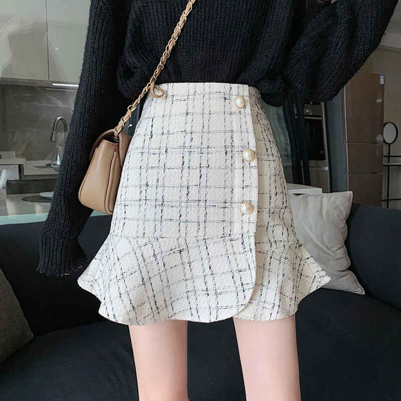 

Plaid Skirt Women's Spring and Autumn Ruffle Fishtail Skirt 2021 New Design High Waist A-shaped Short Skirt