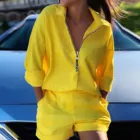 Женский Повседневный Яркий желтый топ на молнии с длинными рукавами и карманами, женский топ на молнии с длинным рукавом, блузка, рубашка, шорты с карманами, комплект