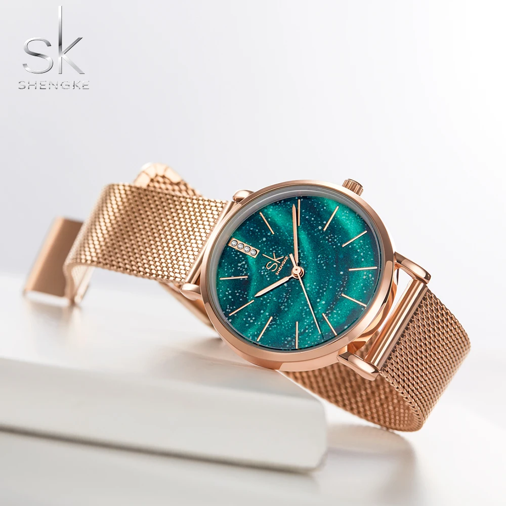 

Shengke Women Watches Starry Green Dial Reloj Mujer Ladies Wristwatch Ultra-thin Stainless Steel Strap Quartz Montre Femme Gift