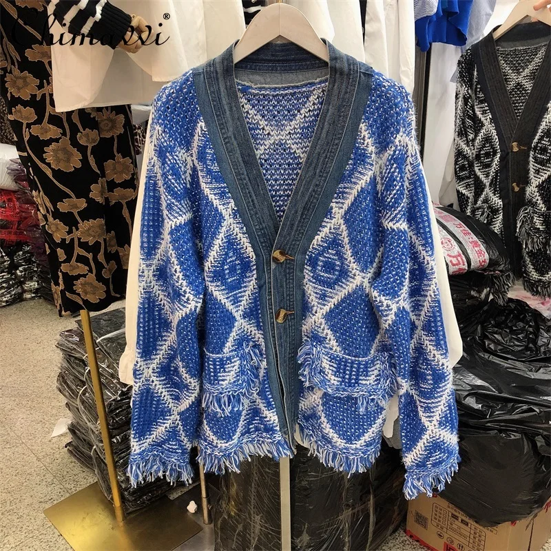 

Женский кардиган Versize, сезон осень-зима 2021, джинсовый свитер в Корейском стиле, женское вязаное пальто с длинным рукавом и бахромой