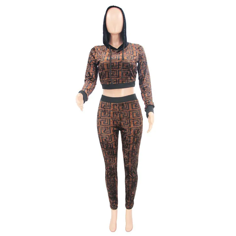 

Autumn Fashion Women Two Pieces Sets Casual Sports Hooded Crop Top and Pants printing Long sleeve hooded two-piece suit Brown