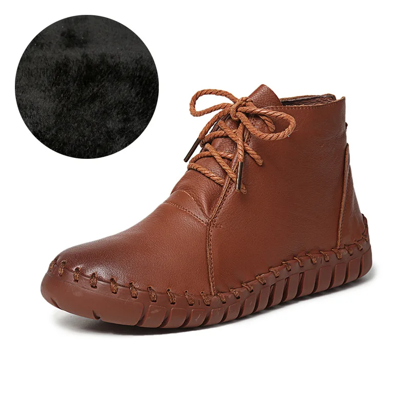 Fujin/женские ботинки из натуральной кожи Зимние плюшевые на плоской подошве