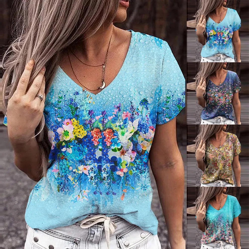 

Fashion Ladies Tops Women Plus Size Floral 3D Print T Shirts Loose V-Neck Short Sleeve Casual Tee Top 2021 Summer New Streetwear