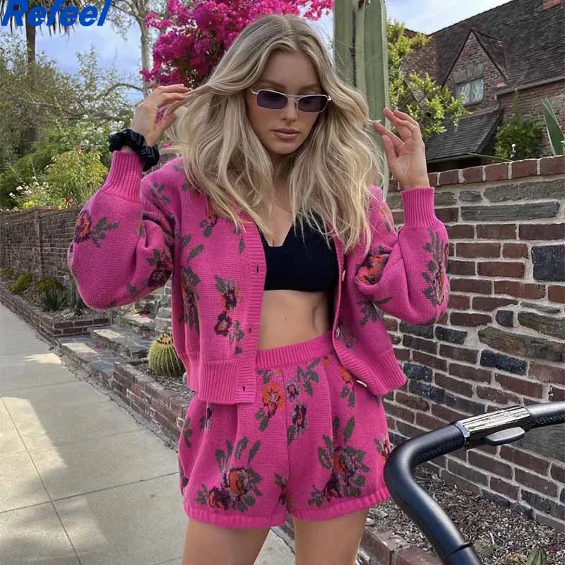 Vintage Women Matching Sets Floral Cardigan Sweater Hot pink High Waist Loose Mini Shorts V neck Center Buttons Sweater