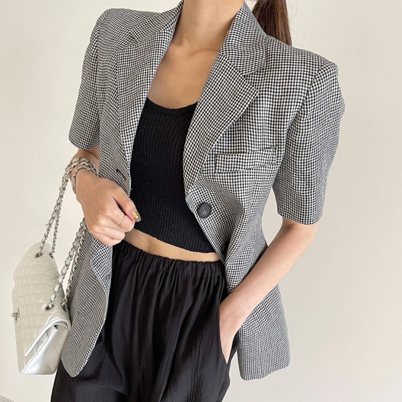 

Kimotimo Vintage Plaid Blazer Women Korean Chic Temperament Turn Down Collar Three Buttons Casual Jacket Design All-match Coats