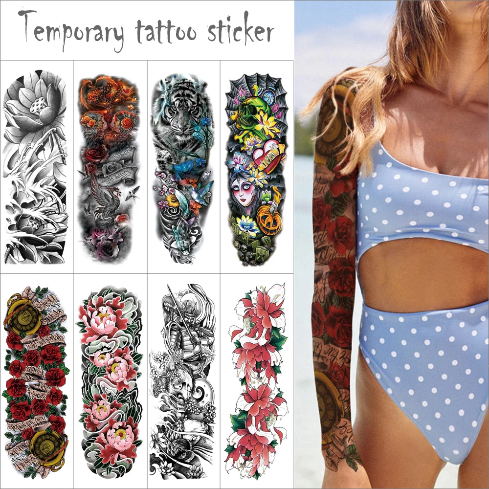 

Полноразмерная временная татуировка большого размера, цветок, тигр, дракон, Джосс, флэш-тату, тату-рукав, водостойкая поддельная татуировка ...