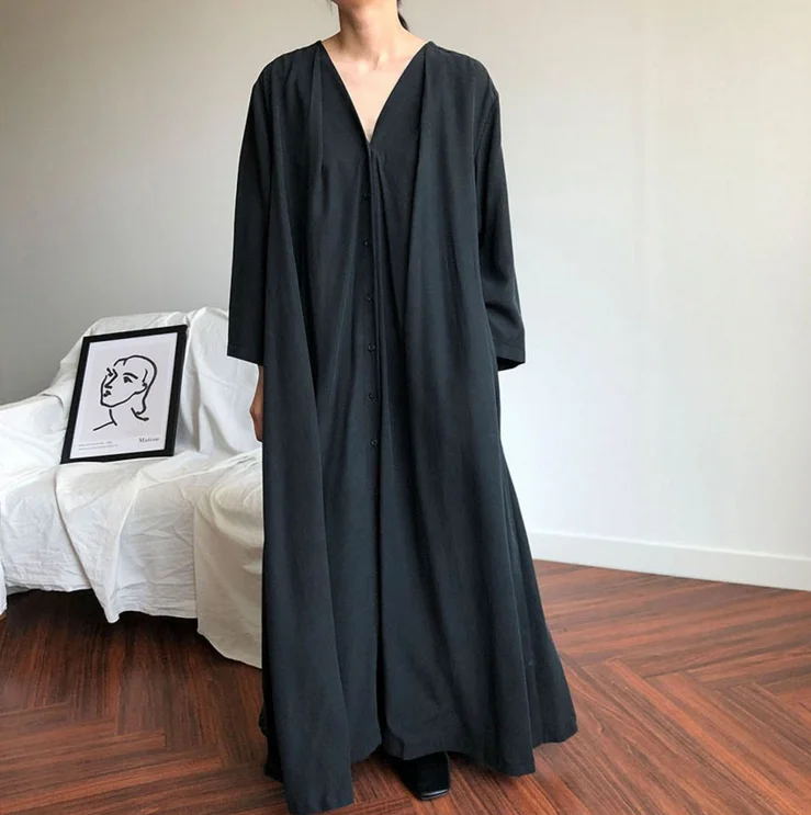 

Korean chic style niche retro pocket loose long V-neck texture big swing dress with lace