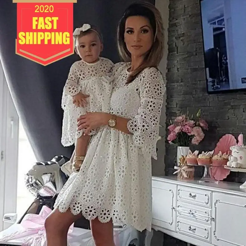 Кружевное платье Keelorn для мамы и дочки летние одинаковые комплекты семьи белые