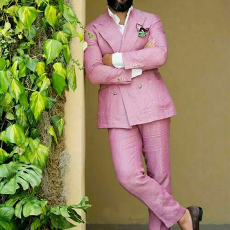 

Vintage Linen Men Pink Suit Groom Tuxedos Wedding Prom Dinner Suit Custom Summer Blazer For Best Man Costume Homme Mariage 2 PCS