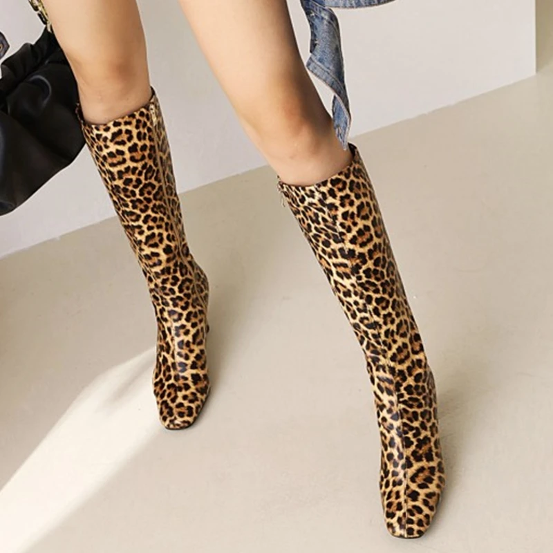 Lady's High Heel Sexy Leopard Boots Platform Luxury Animal Print Knee High Boots Side Zipper Winter Shoes Women Size 49