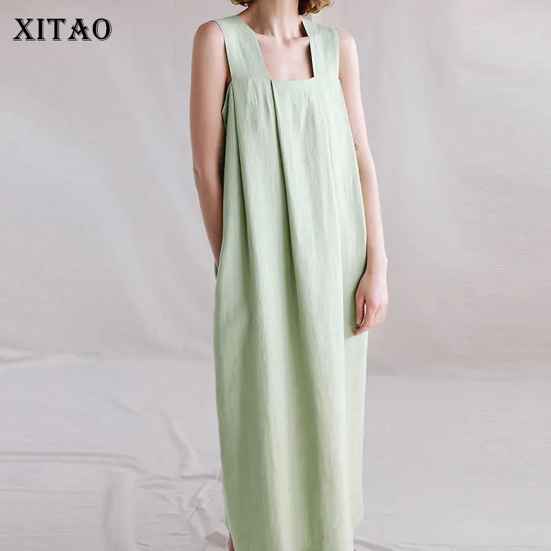 

XITAO Casual Green Dress Women Trendy Fashion New Style Square Collar Spaghetti Strap Summer Elegant Personality Loose WMD0015