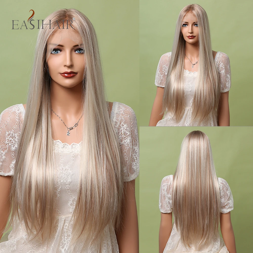 

EASIHAIR Mixed Brown Light Blonde Lace Front Wigs for Women Synthetic Long Straight Hair Wig Middle Part Heat Resistant Natural