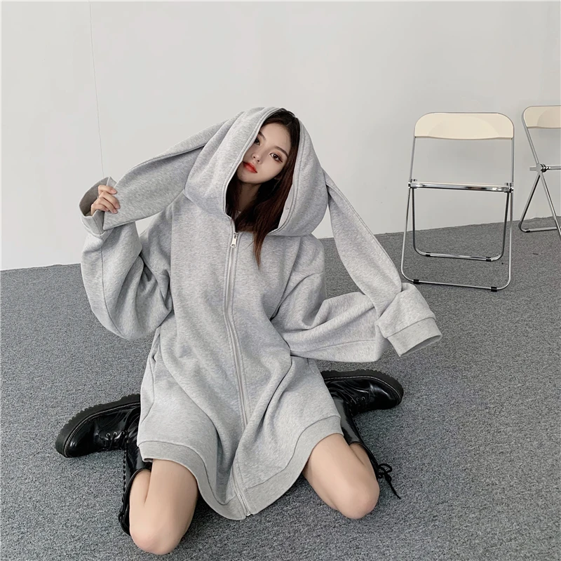

2021 New Autumn Casual Women Sweatshirts Streetwear Gray Bunny Hoodie Baggy Plus Velvet Zipper Cotton Moletom Feminino Mujer