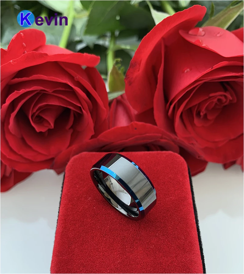 Black Blue Tungsten Carbide Ring Wedding Band For Men Women Bevel Edges And High Polished Finish | Украшения и аксессуары