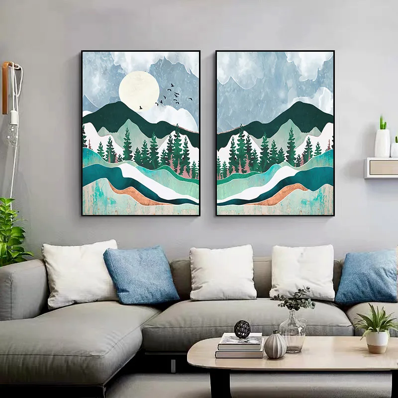 Настенный постер с изображением гор леса заката абстрактная живопись