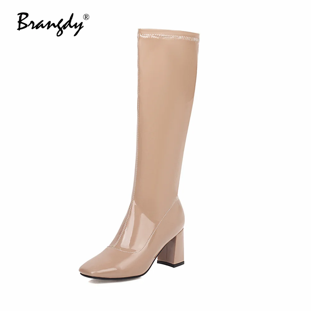 Brangdy 2022 Women Knee Hight Boots PU Leather Fashion Women Shoes Square Toe Zipper Women Winter Knight Boots 6 cm Square Heels