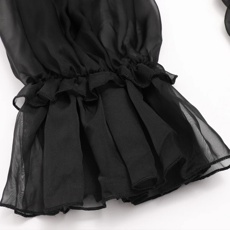 

2021 European and American Sexy Perspective Pleated Chiffon Shirt Black and White Early Autumn Long Sleeve Trumpet Sleeve Court