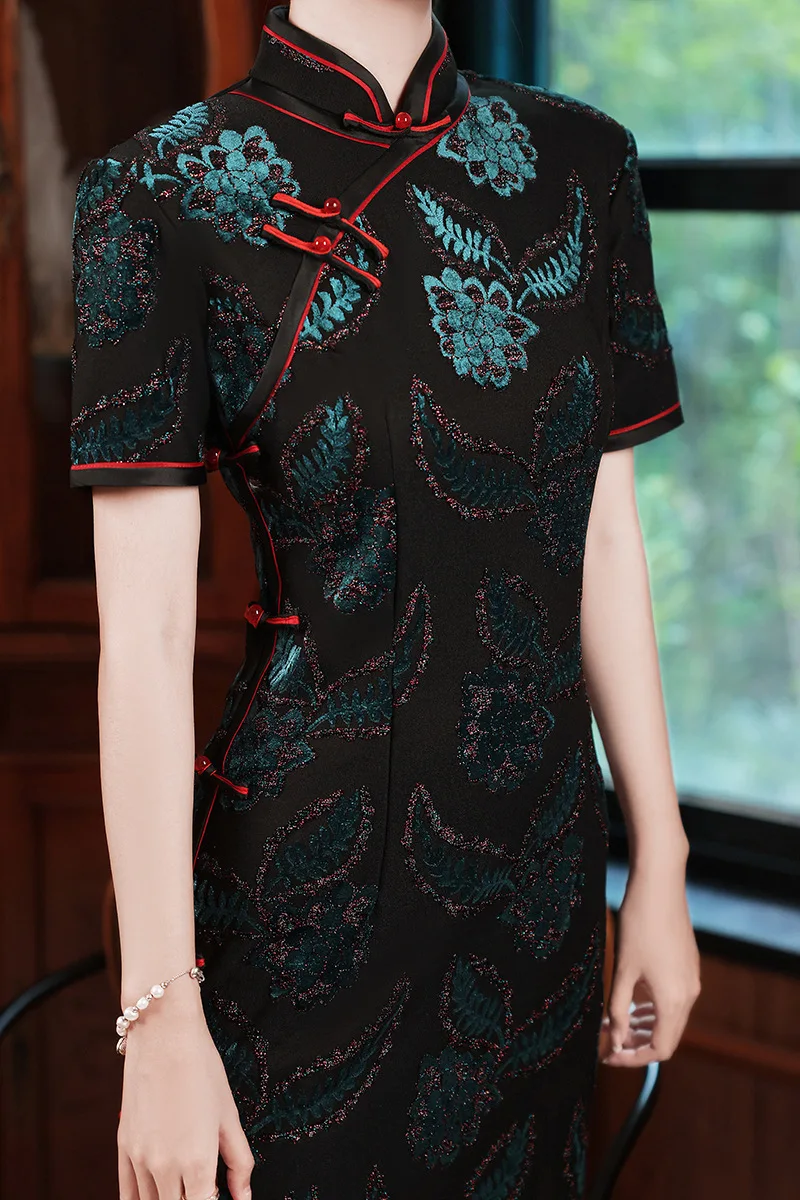 FZSLCYIYI Повседневный Ретро короткий рукав Флокирование жаккард Элегантный тонкий