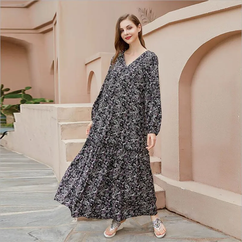 

Kaftan Boho Maxi Dress 2021 New Fashion Women Long Sleeve V Neck Loose Long Party Dresses Vintage Print Holiday Sundress Vestido