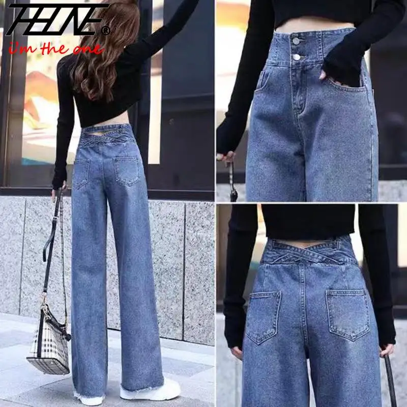 

THHONE High Waist Jeans Pants Women Denim Pants Casual Trousers Wide Leg Tassel Design Korean Style Slim Loose Straight Pants