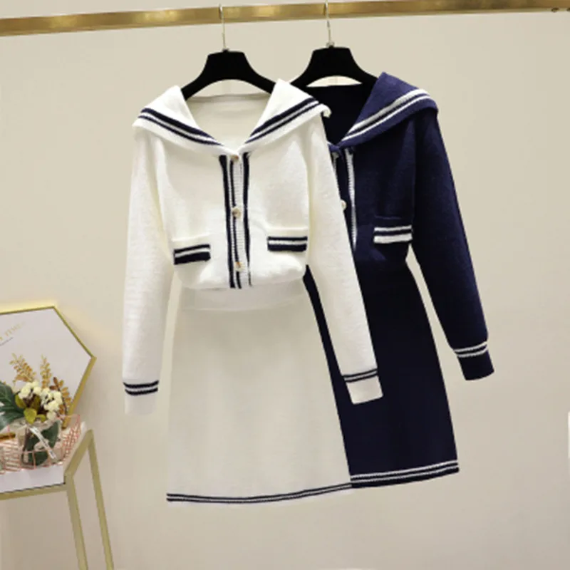 

Женские трикотажные костюмы в стиле преппи, новинка осень-зима 2021, кофта с матросским воротником и мини-юбка, комплект из двух предметов