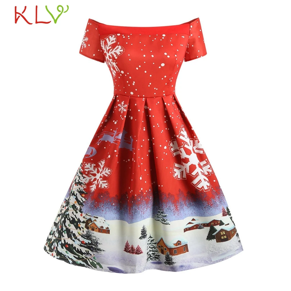 Рождественское платье с открытыми плечами винтажное вечернее принтом снежинки
