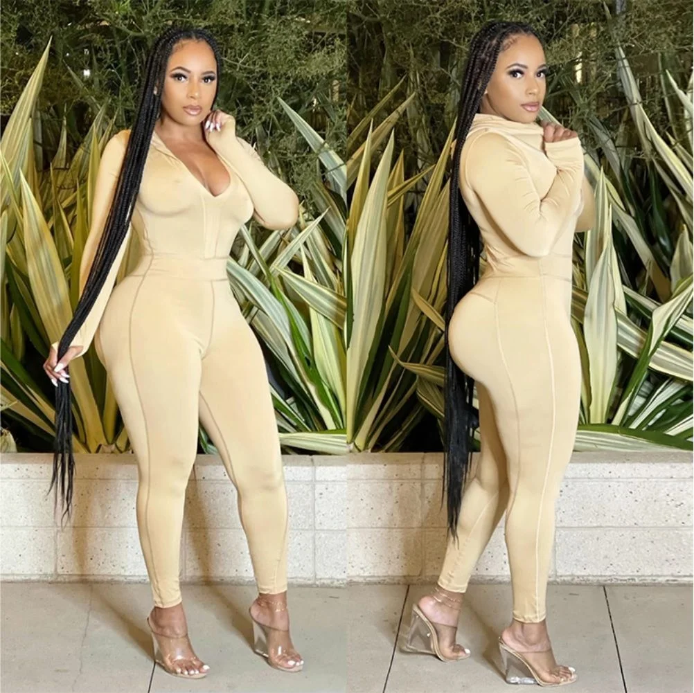 

Women's autumn new solid color three needle five thread open chest long sleeve Jumpsuit high waist tight Jumpsuit