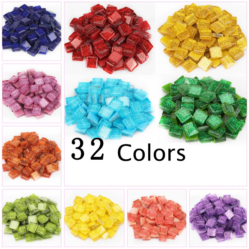 50PCS Diy Colorful Glitter Glass Mosaic Stones Mosaic Tiles Glass Pebbles Crafts Material Puzzle For Diy Mosaic Making 10*10mm