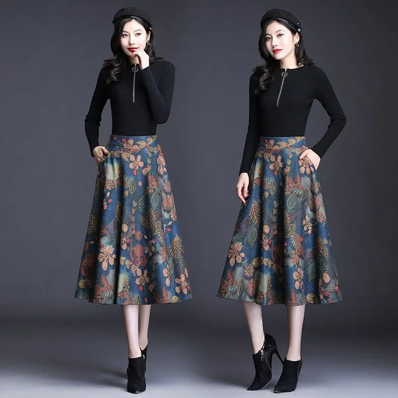 Юбка Женская шерстяная средней длины с принтом модная винтажная Повседневная