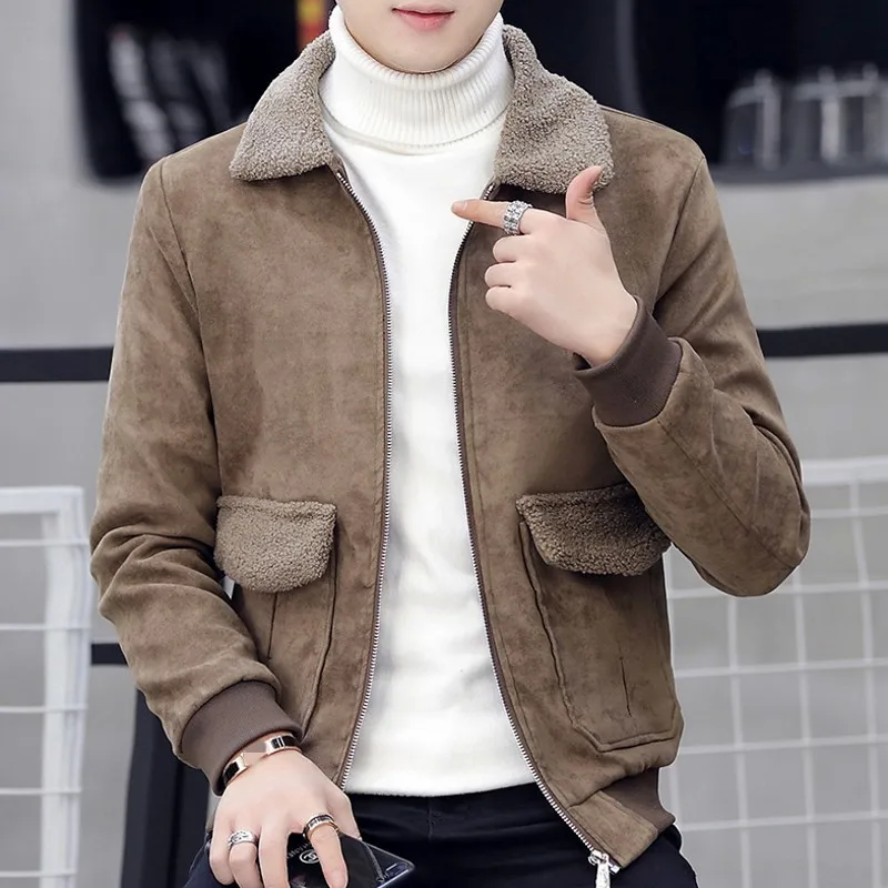 

Winter Thick Fleece Liner Buckskin Velvet Collar Mens Warm Jackets Long Sleeve Zipper Pockets Casual Male Outerwear Short Coats