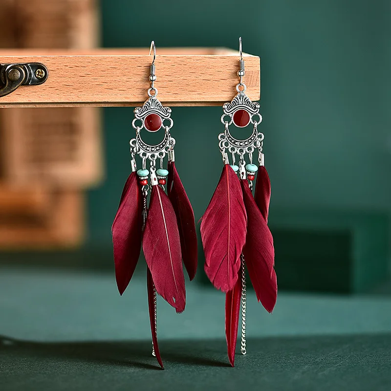 

Bohemian Ethnic Tassel Earrings Color Matching Feather Personality Rice Beads Fashion Jewelry Water Drop Long Earrings