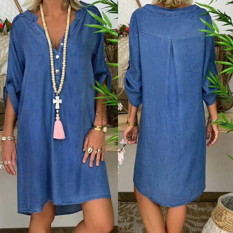 2019 новинка женское летнее джинсовое платье с длинным рукавом и v образным вырезом