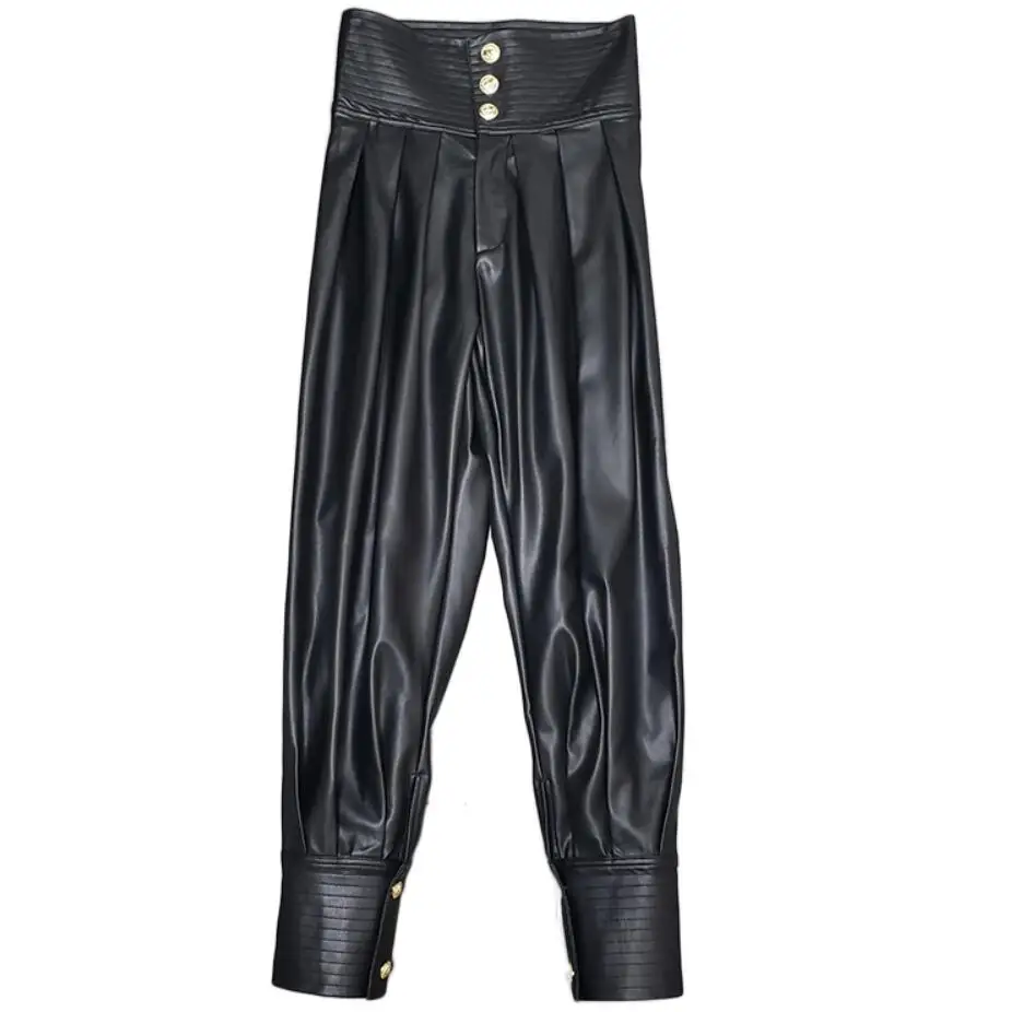 Женские шаровары из искусственной кожи с пуговицами свободные брюки высокой