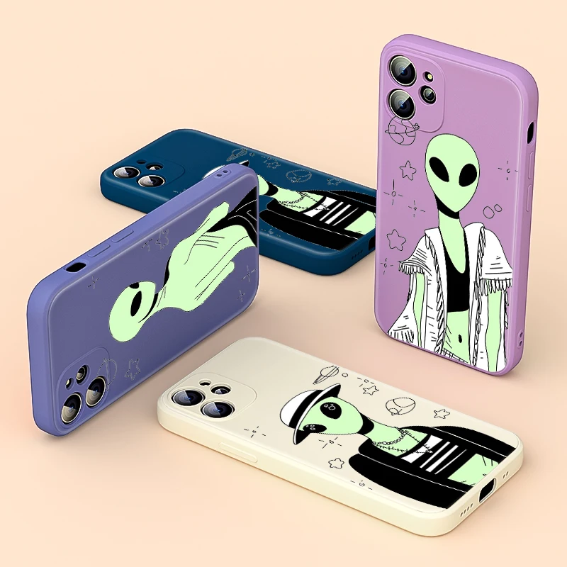 

Liquid Silicone Soft Cover Funny Alien Comics For Apple iPhone 13 12 mini 11 8 7 6 XS XR SE 2020 Pro Max Plus Phone Case