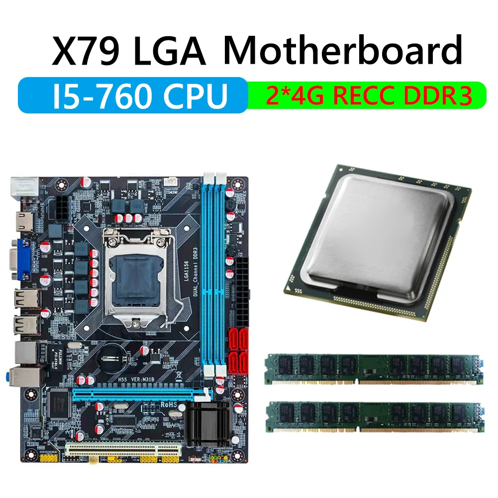 hm55 motherboard set kit lga 1156 with intel core i5 760 cpu processor ddr3 2pcs x 4g 8gb ddr3 ram with vga pc mainboard free global shipping