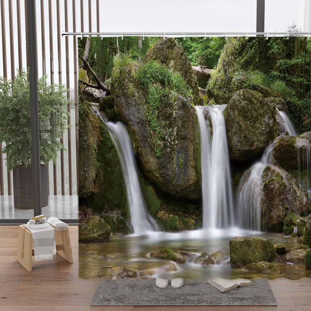 

Waterfall Scenery Shower Window Spring Mountain Forest Natural Landscape Bathroom Curtains Bath Screen Bathtub Decoration Hook