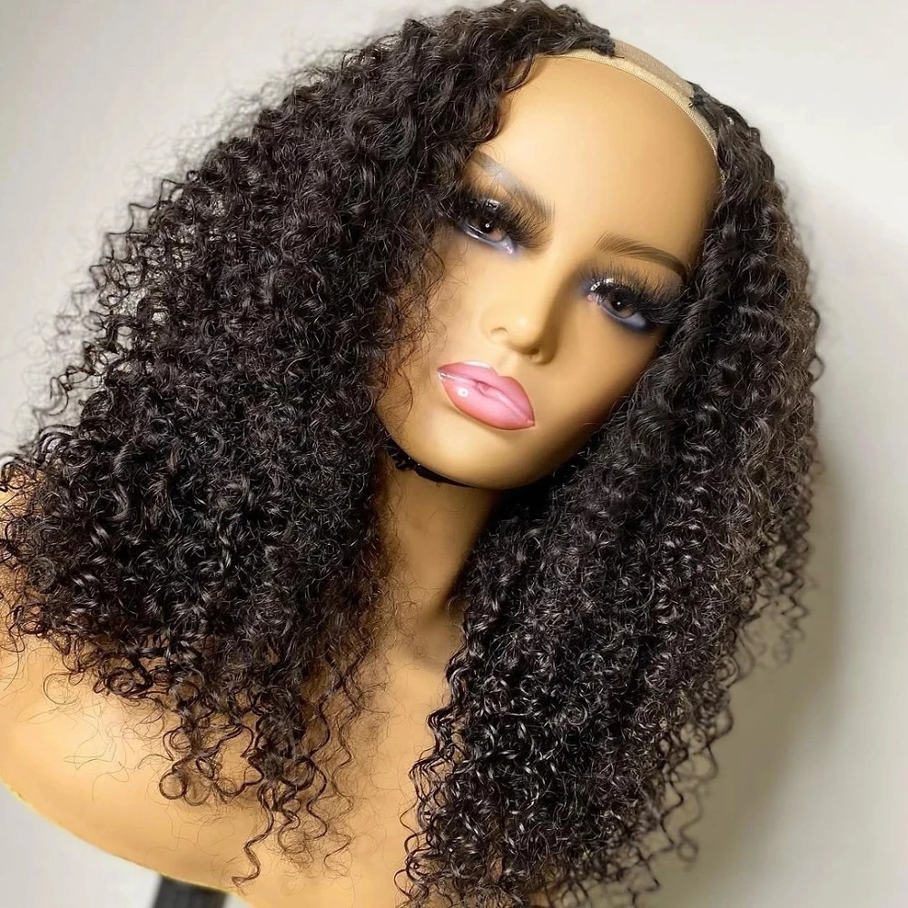 

U Part Human Hair Wig Curly Brazilian Natural 1B Color Remy Machine Made Glueless 1x4 U Shape Deep Body Wave Wig For Black Women