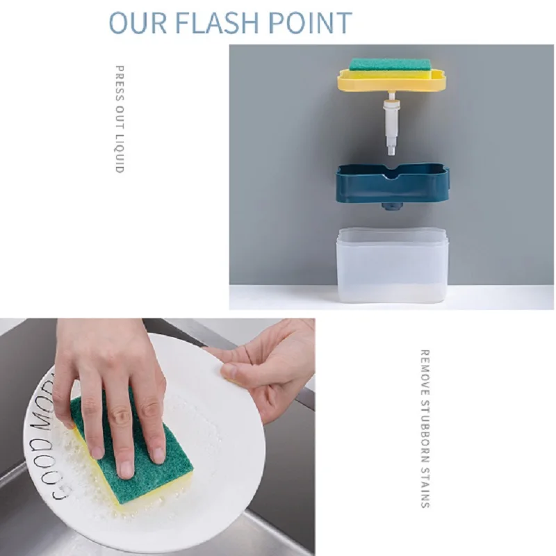 

Kitchen 2-in-1 Liquid Soap Dispenser Container Hand Press Soap Pump Dispenser With Sponge Holder Organizer Kitchen Accessories