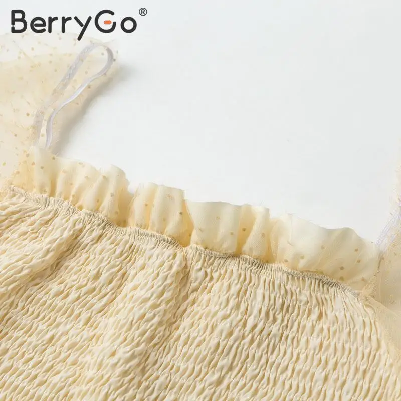 BerryGo Сетчатое платье-фонарь рукав узор в горошек блузка для женщин шифон пэчворк