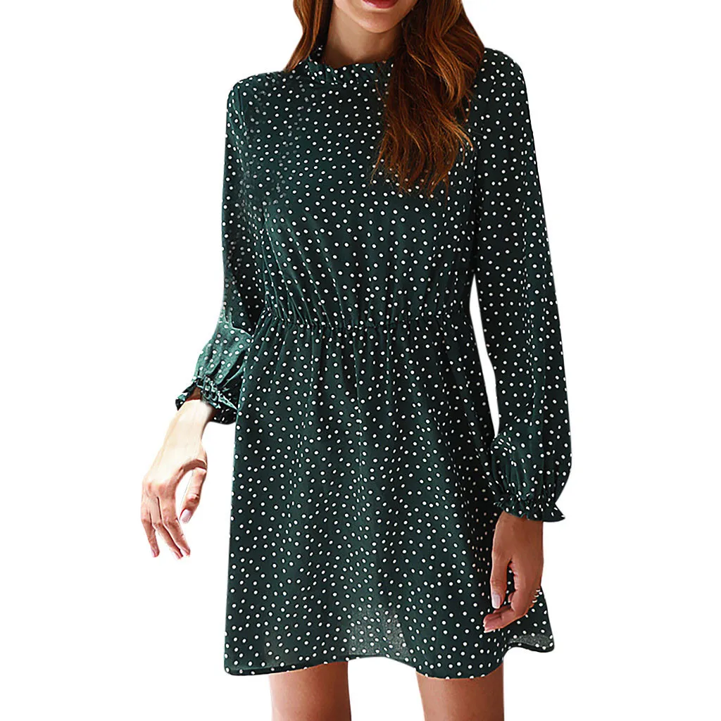 Зимнее платье для женщин модное с воротником-стойкой принтом оборками высокой