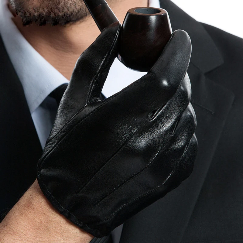 Real Leather Gloves Male Touchscreen Short Style Thin Silky Lined Spring Autumn Driving Sheepskin Gloves Men MLZ101