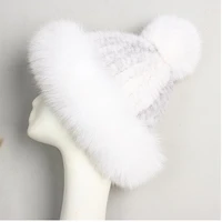 real mink fur with real fox fur trim hat white winter warm caps new design red gray fur beanies h701