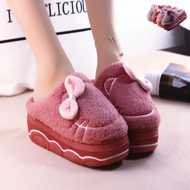 

2020 new arrival women's winter platform slippers indoor fur shoes female home cat slippers Girl fuzzy mules