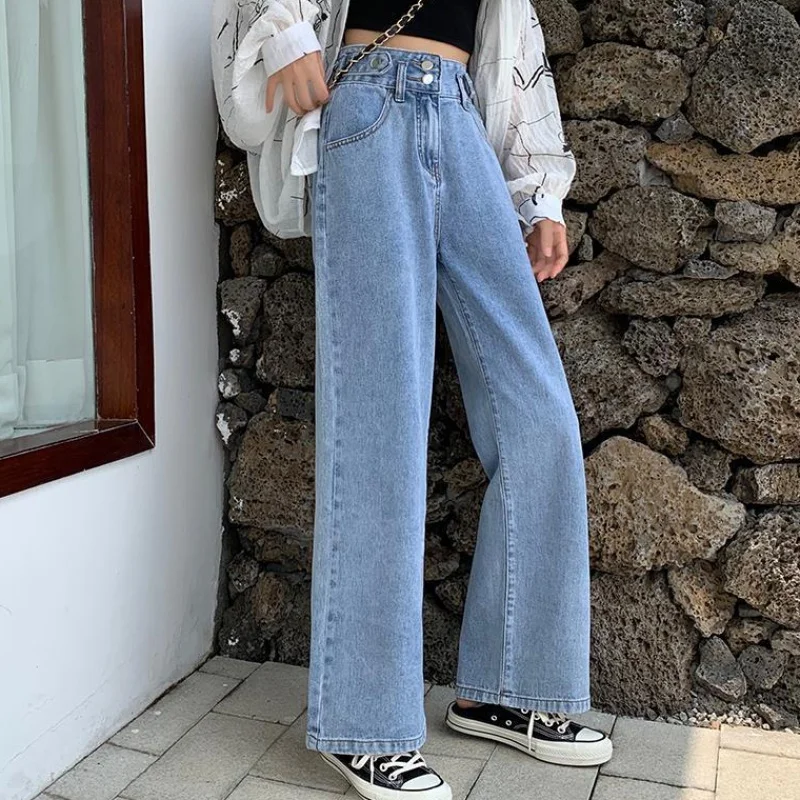 Джинсы женские с двумя пуговицами джинсы завышенной талией и широкими штанинами