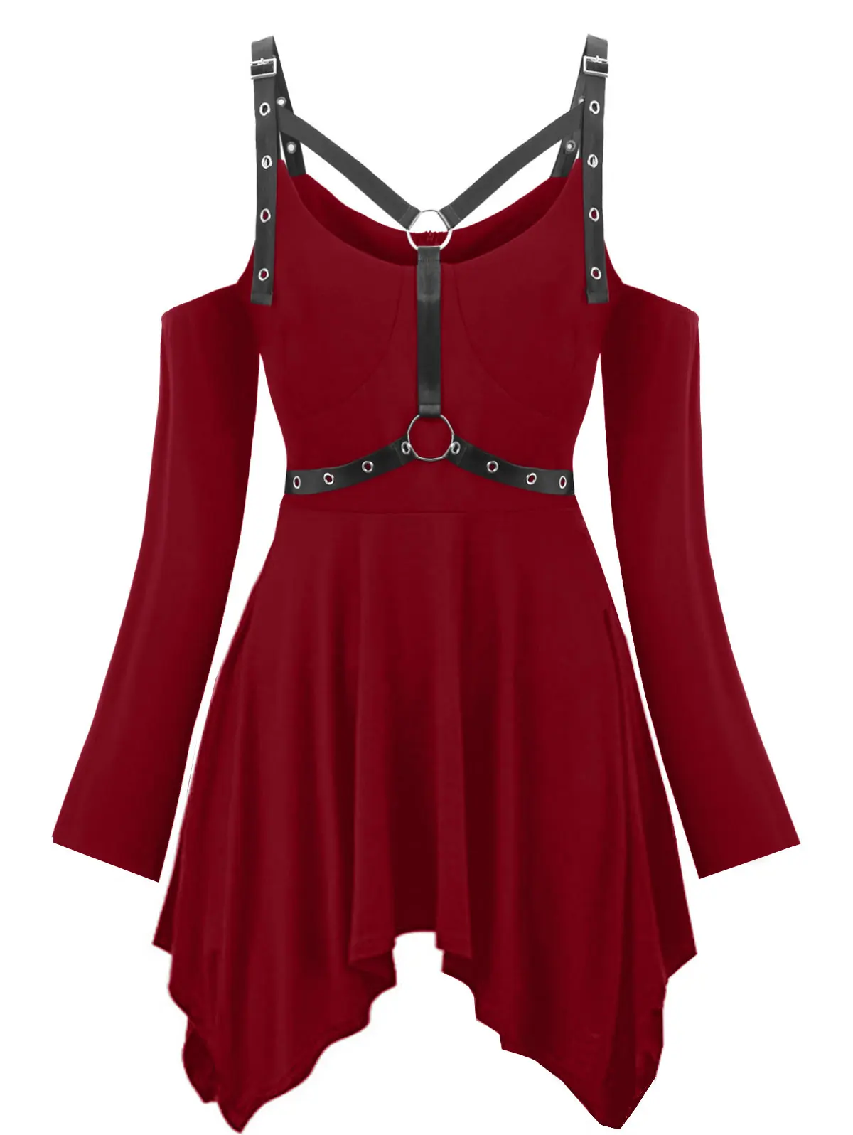 ROSEGAL Plus Size Halloween Cold Shoulder Harness Gothic T-shirt Sexy Hollow Buckle Belt Ribbon Tee Women Cut Out Punk T-Shirt | Женская