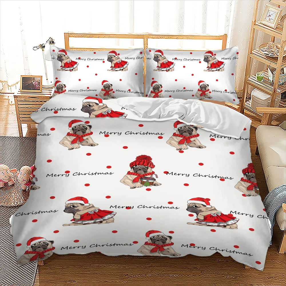 

Cute Pug Merry Christmas Bedding Set kids Duvet Cover With Pillowcase Twin Queen King Size Bed Set 3pcs bed
