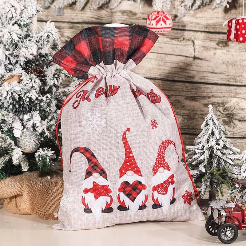 

Три гнома, милый подарок, большая сумка, Рождественские Сумки на шнурке, Рождественская Льняная сумка-тоут, сетчатый боковой карман