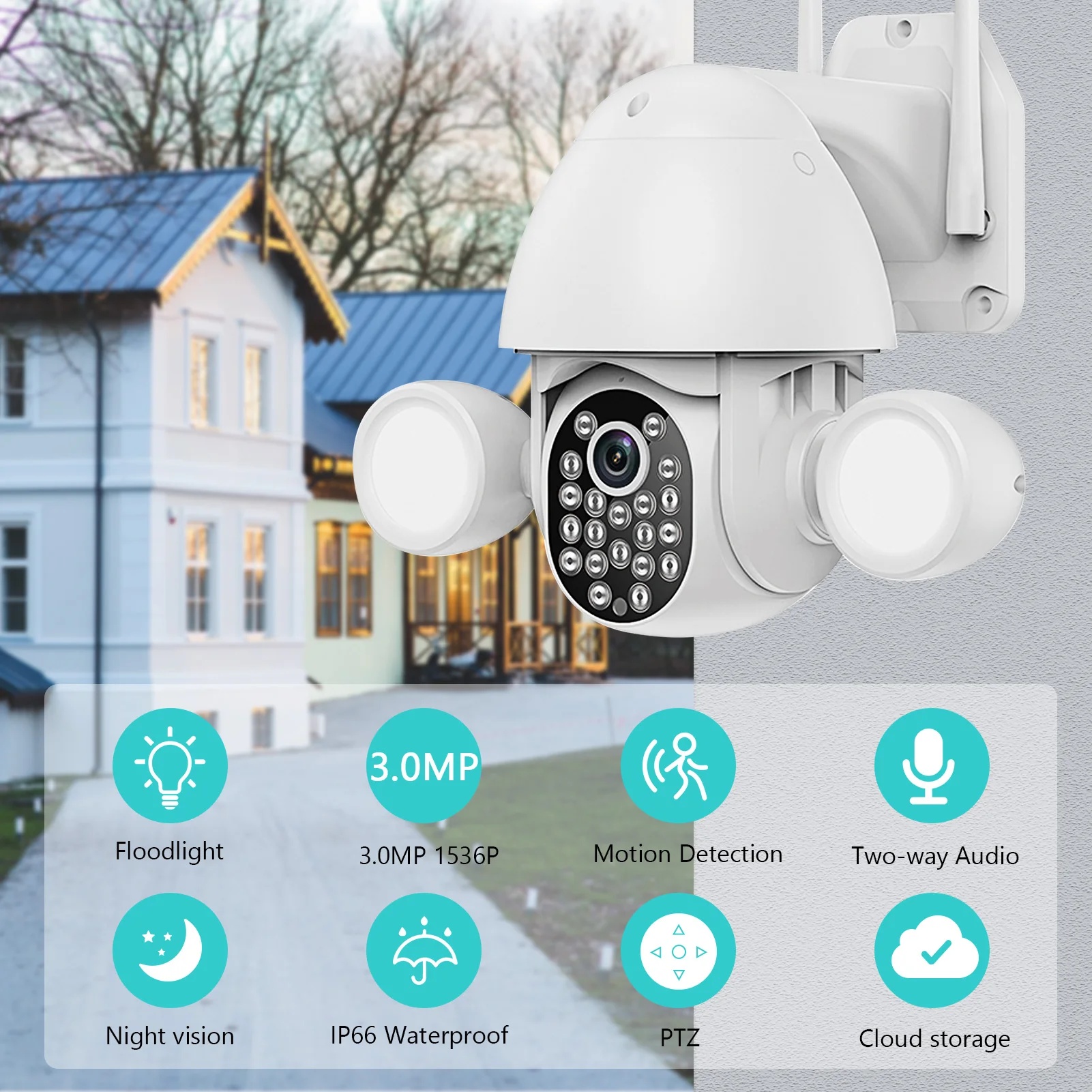 

3MP HD PTZ Security Camera Outdoor Wireless WiFi Home Security System support Night Vision,Remote Access,IP65 Waterproof